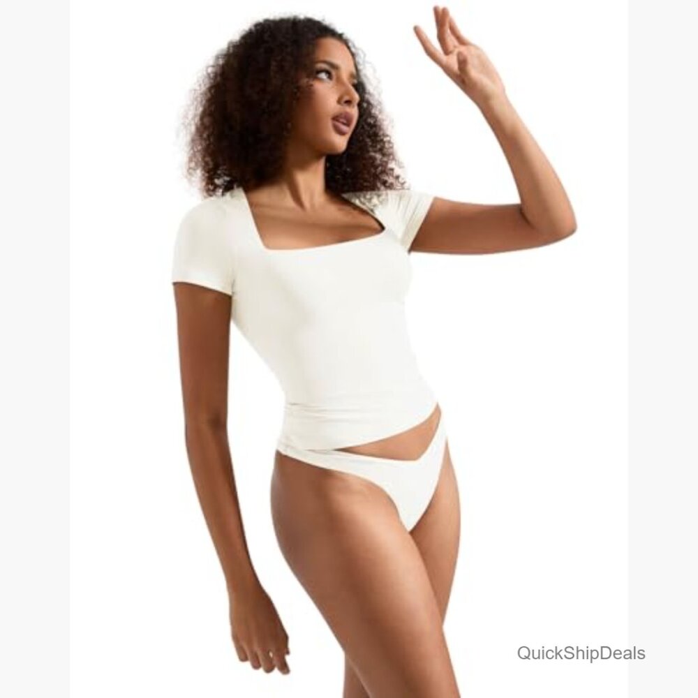 Double Lined Fitted Basic Tee Square Neck Short S… - image 3